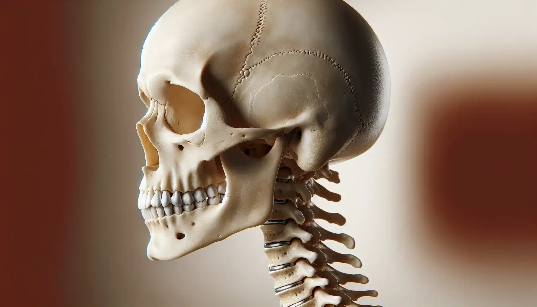 Cráneo humano detallado de lado con suturas craneales visibles y columna vertebral con curvatura natural en fondo neutro.