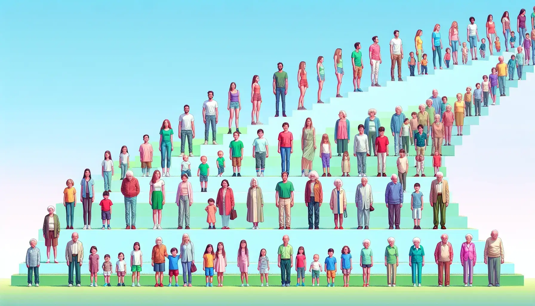 Piramide demografica umana con individui di età crescente su prato verde sotto cielo azzurro, rappresentando il ciclo della vita.