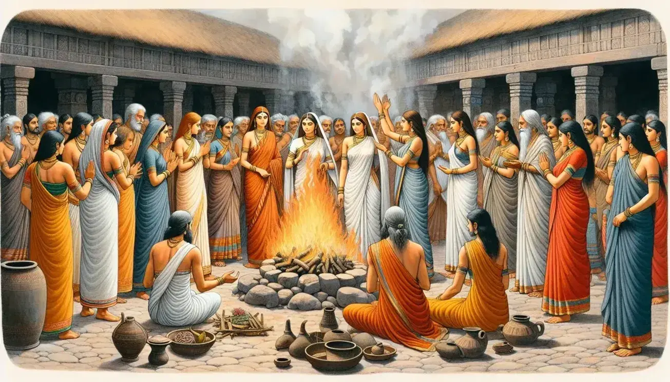Ancient Indian timeline illustration transitioning from Vedic ritual with simple attire to a vibrant Post-Vedic marketplace, ending in an Islamic-influenced setting with diverse clothing and architecture.