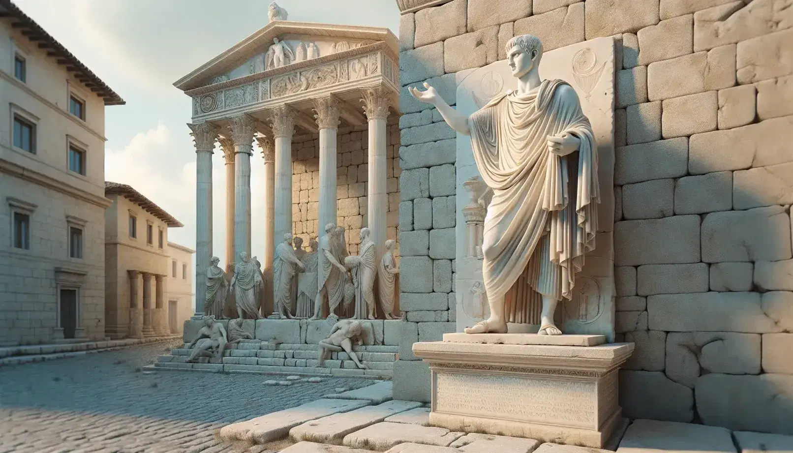 Statua marmorea di uomo romano in toga su piedistallo, con tempio colonnato sullo sfondo e bassorilievo di vita quotidiana romana.