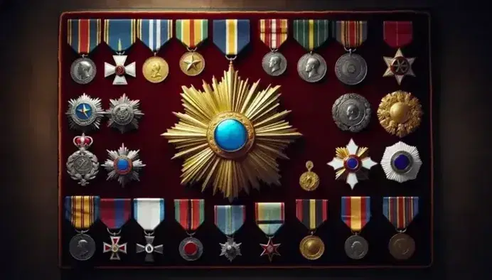 Colección de medallas y condecoraciones sobre terciopelo rojo oscuro con medalla central dorada y azul, cruz de plata y estrella de ocho puntas, acompañadas de cintas de colores.