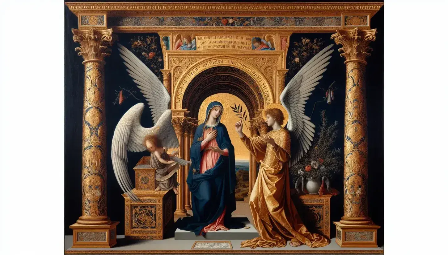 Riproduzione fotografica del dipinto 'L'Annunciazione' di Simone Martini e Lippo Memmi, con l'Arcangelo Gabriele e la Vergine Maria divisi da una colonna dorata.