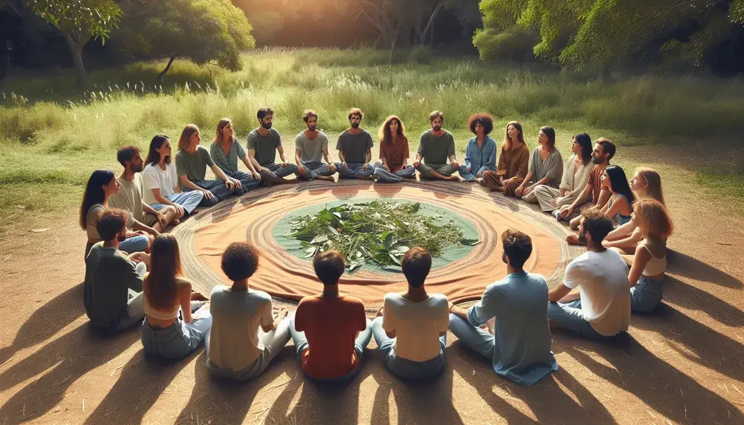Círculo de personas diversas sentadas en la naturaleza conectadas en armonía, reflejando tranquilidad y unidad en un día soleado.