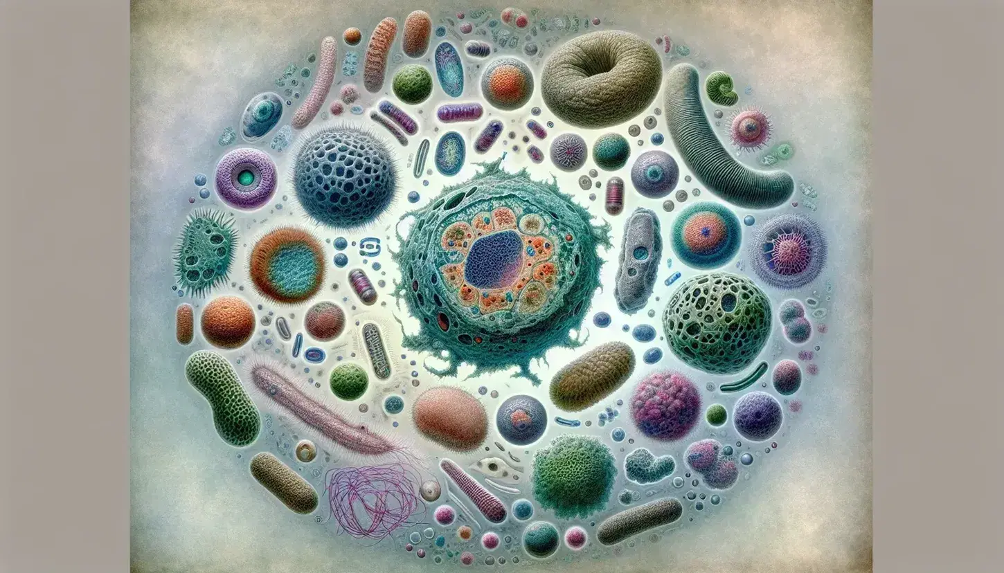 Vista microscópica de células eucariotas y procariontes con núcleo oscuro y orgánulos, rodeadas de bacterias en formas variadas y colores vivos.
