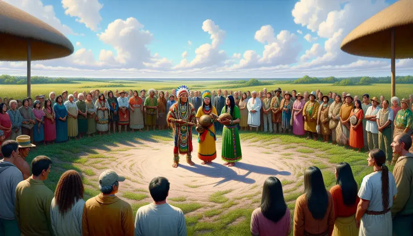 Grupo multicultural en semicírculo al aire libre observando a pareja indígena con atuendo tradicional y objeto cultural.