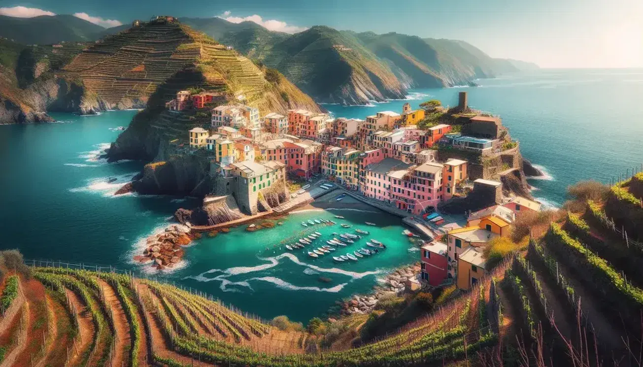 Vista panoramica delle case color pastello di Cinque Terre in Liguria, con terrazze coltivate e mare cristallino sotto un cielo sereno.