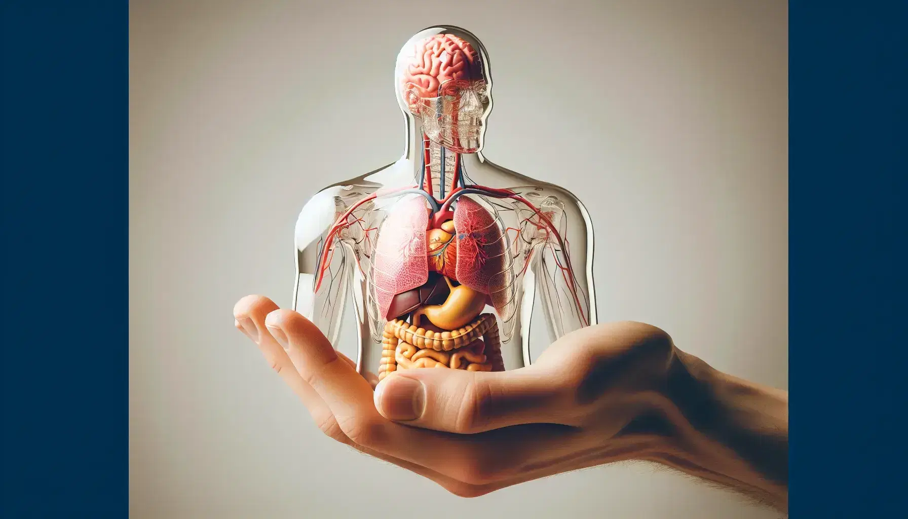 Mano sosteniendo modelo transparente del cuerpo humano con órganos coloreados, mostrando corazón, pulmones, cerebro y sistema digestivo sobre fondo neutro.