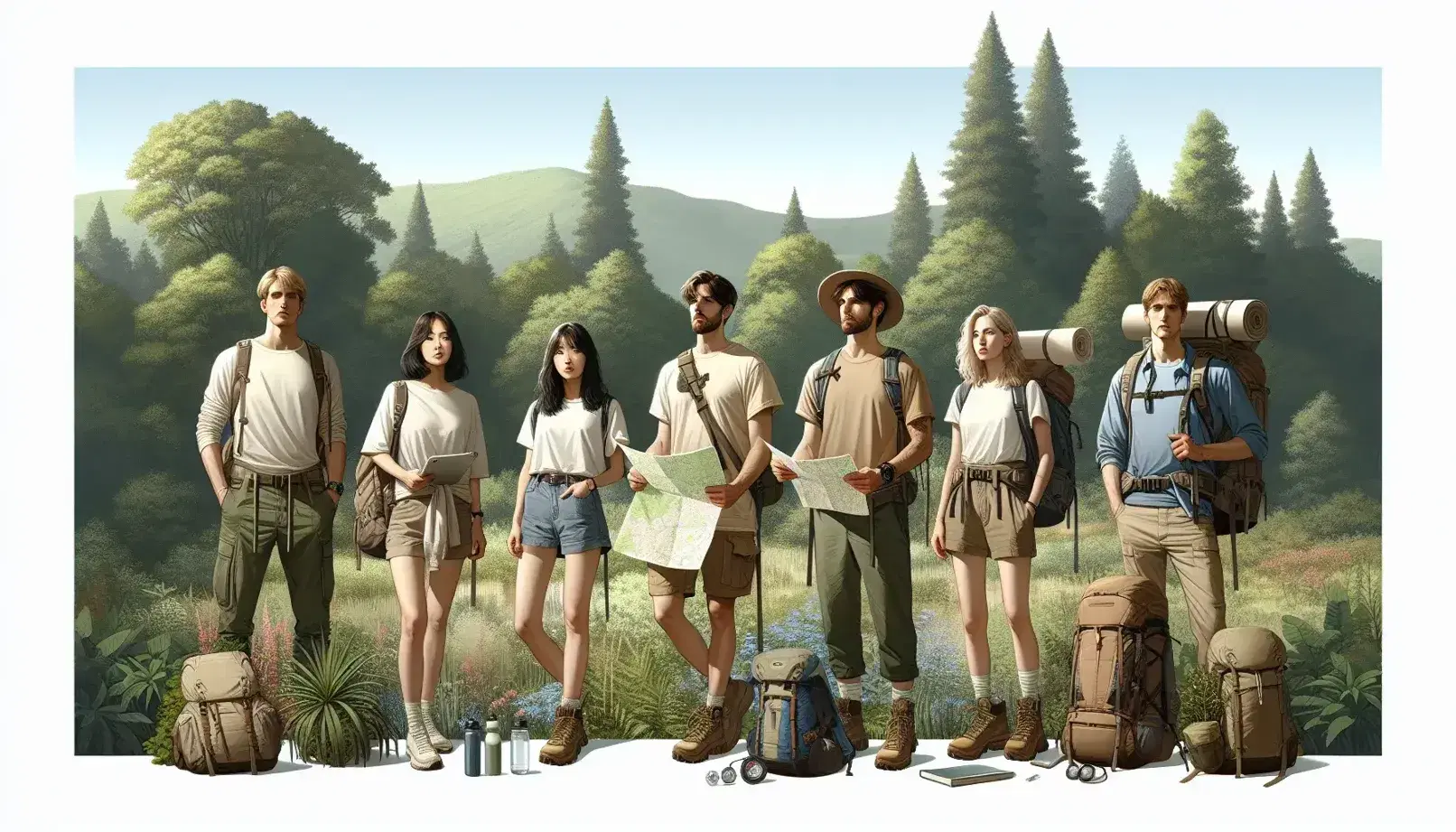 Grupo de cinco excursionistas con ropa de verano, mapas y brújula, de pie en un bosque verde bajo un cielo azul despejado, sin nubes visibles.