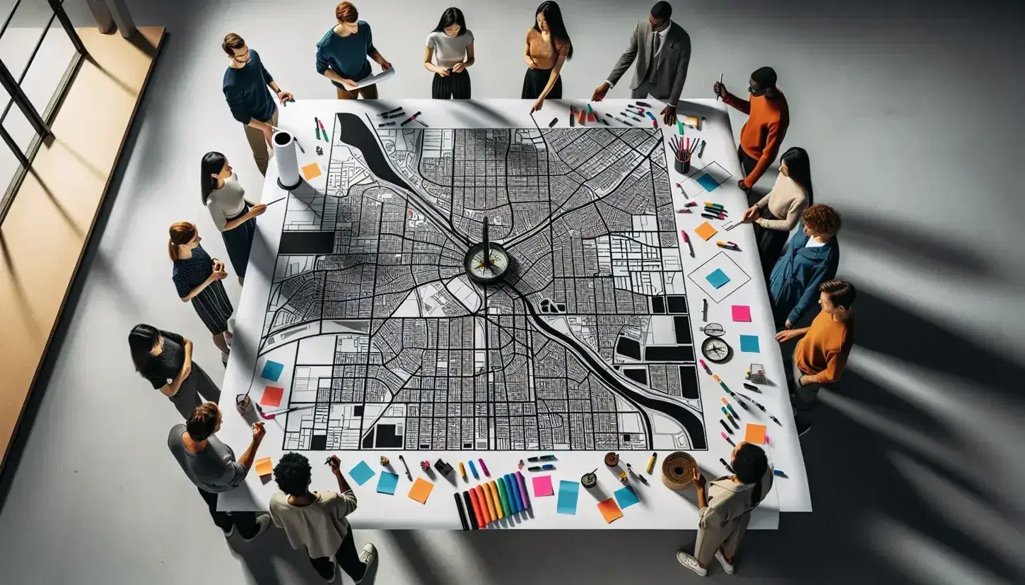 Grupo diverso colaborando en ejercicio de mapeo sobre gran mesa con mapa en blanco y negro, utilizando marcadores y notas adhesivas de colores.