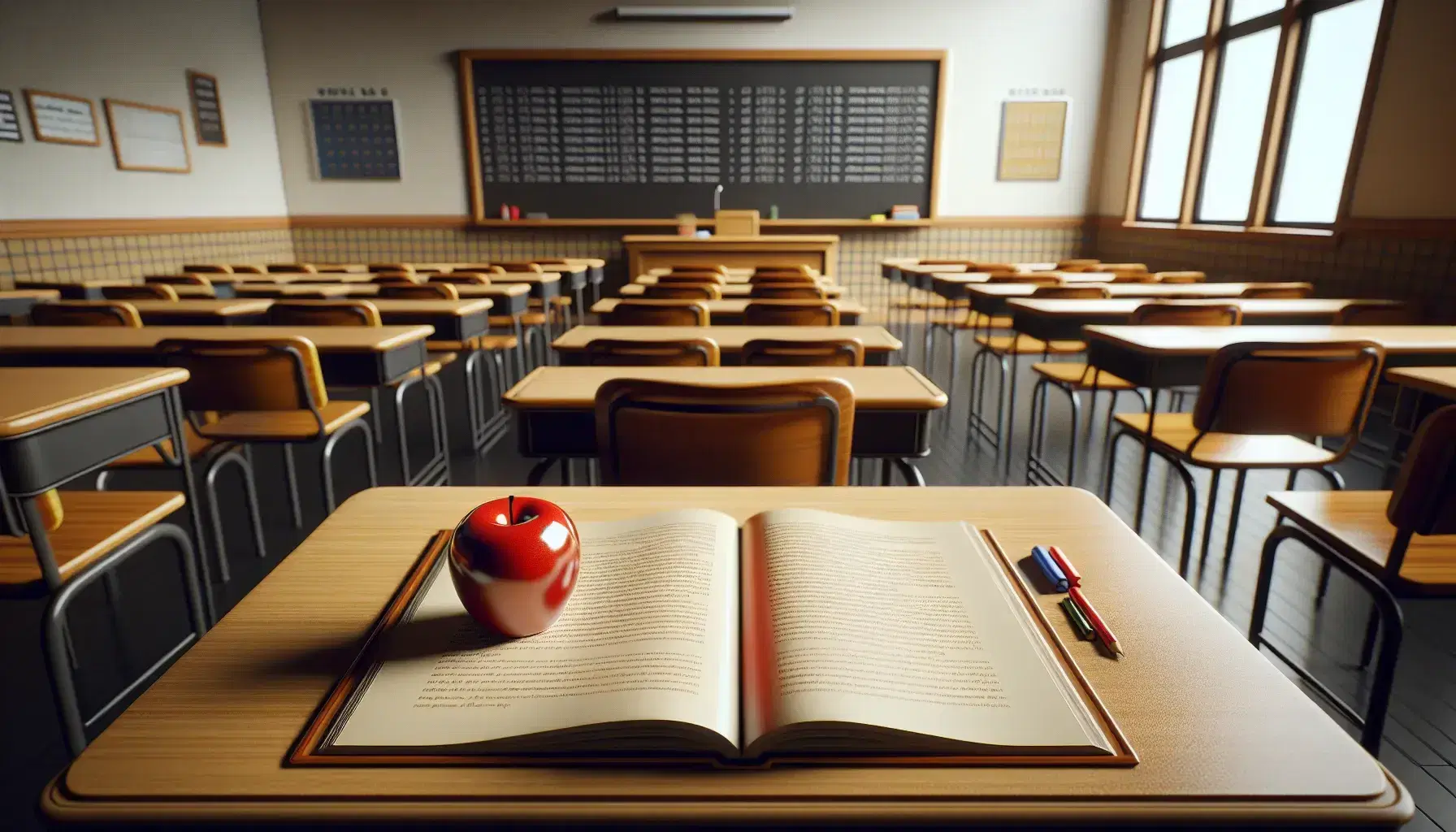 Spanish language classroom with a polished teacher's desk, open textbook, glossy red apple, clean chalkboard, and neatly arranged student desks under soft natural light.