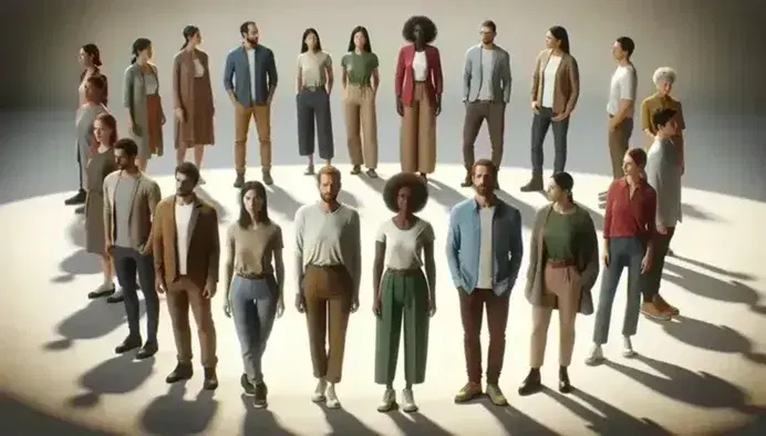Grupo diverso de personas en semi-círculo con vestimenta variada frente a pared clara, representando inclusión y unidad sin elementos distractores.