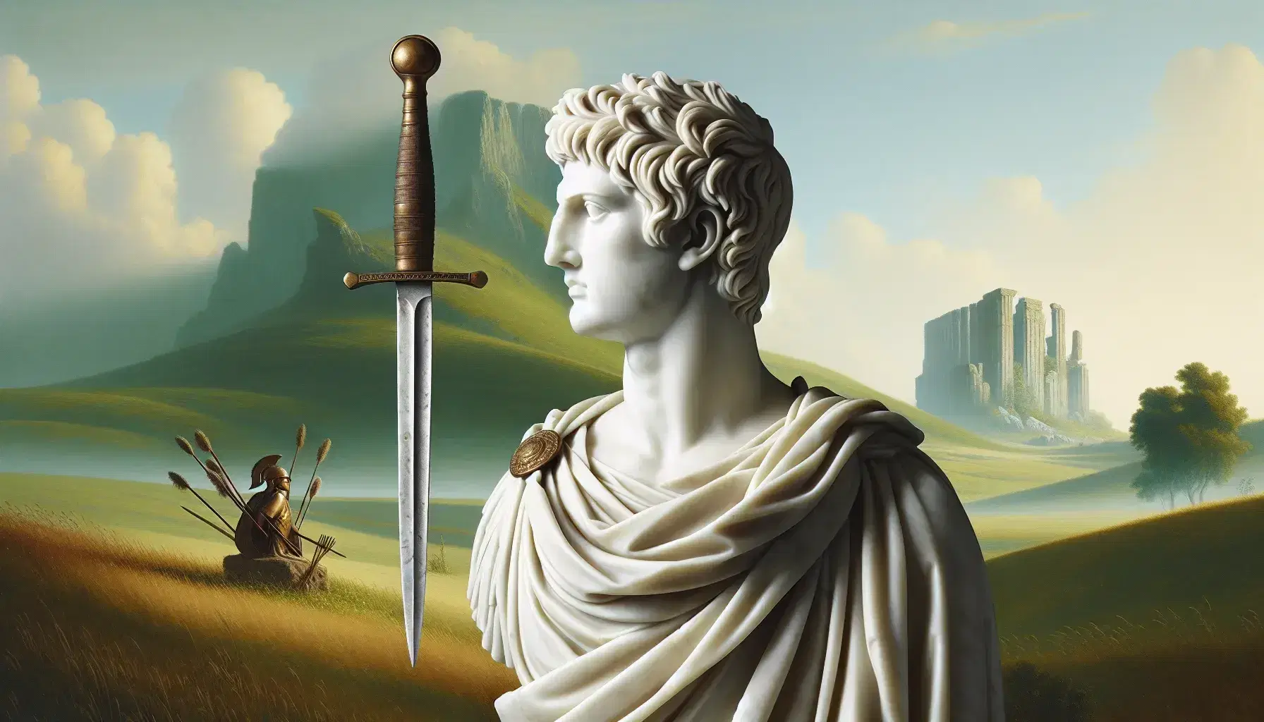 Statua in marmo di figura maschile romana con toga, spada corta in bronzo sullo sfondo e paesaggio di antica Gallia con accampamento militare.