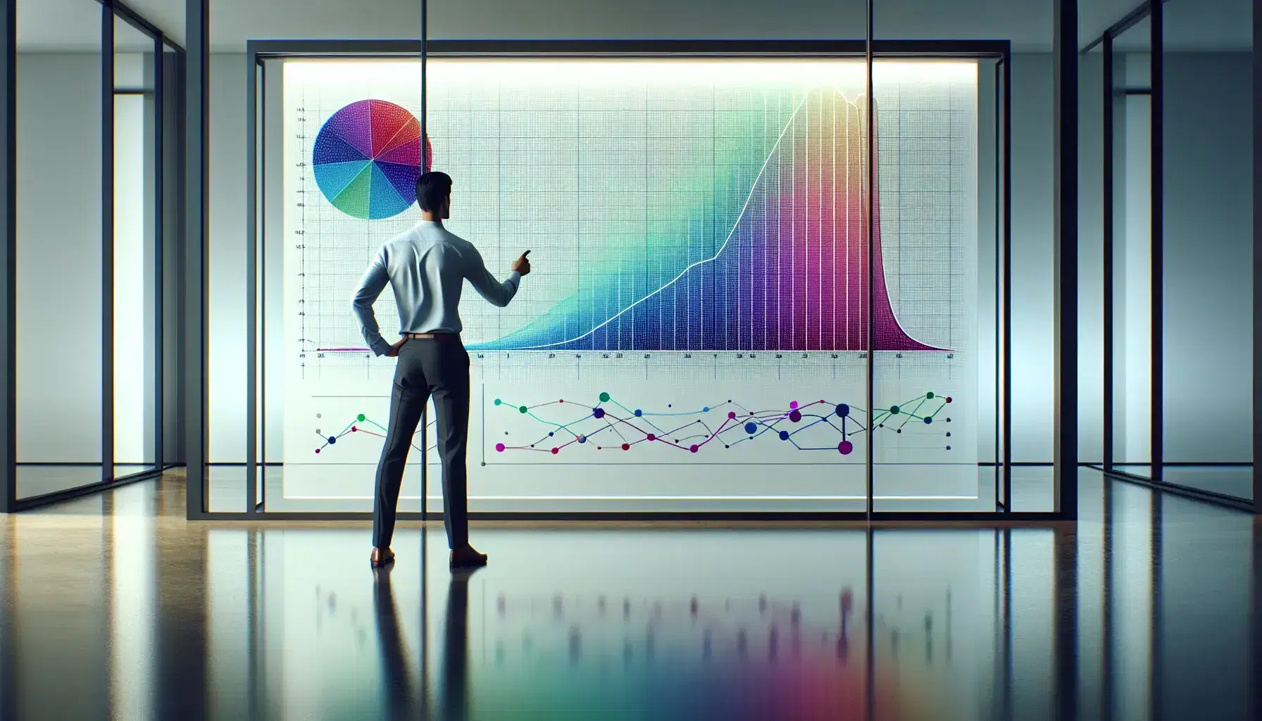 Business professional analyzing colorful data visualizations on a transparent glass whiteboard, including pie, bar, line graphs, and a scatter plot.