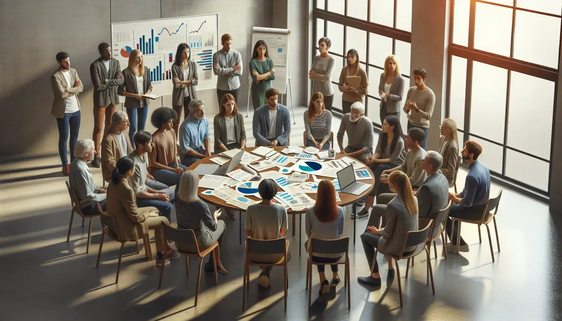 Grupo diverso de personas en reunión de trabajo colaborativo alrededor de una mesa con documentos y gráficos, en una sala iluminada con luz natural.