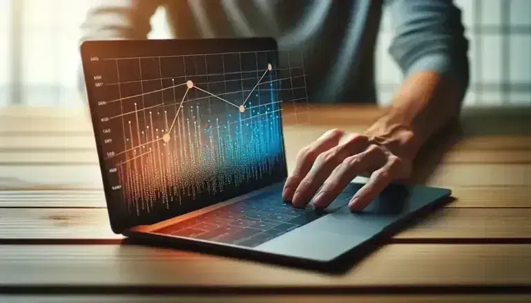 A person's hands on a laptop keyboard with screen showing a scatter plot with blue dots and an orange trend line, on a wooden desk.