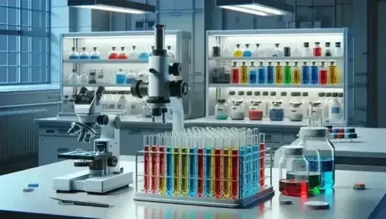 Laboratorio científico con tubos de ensayo de colores en soporte metálico, microscopio plateado y estantería con frascos, sin personas.