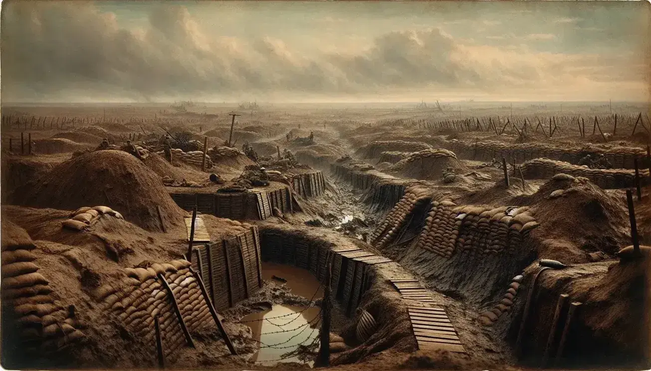 WWI Western Front landscape with muddy trenches, barbed wire, shell craters, and desolate, tree-scarred terrain under a gray sky.