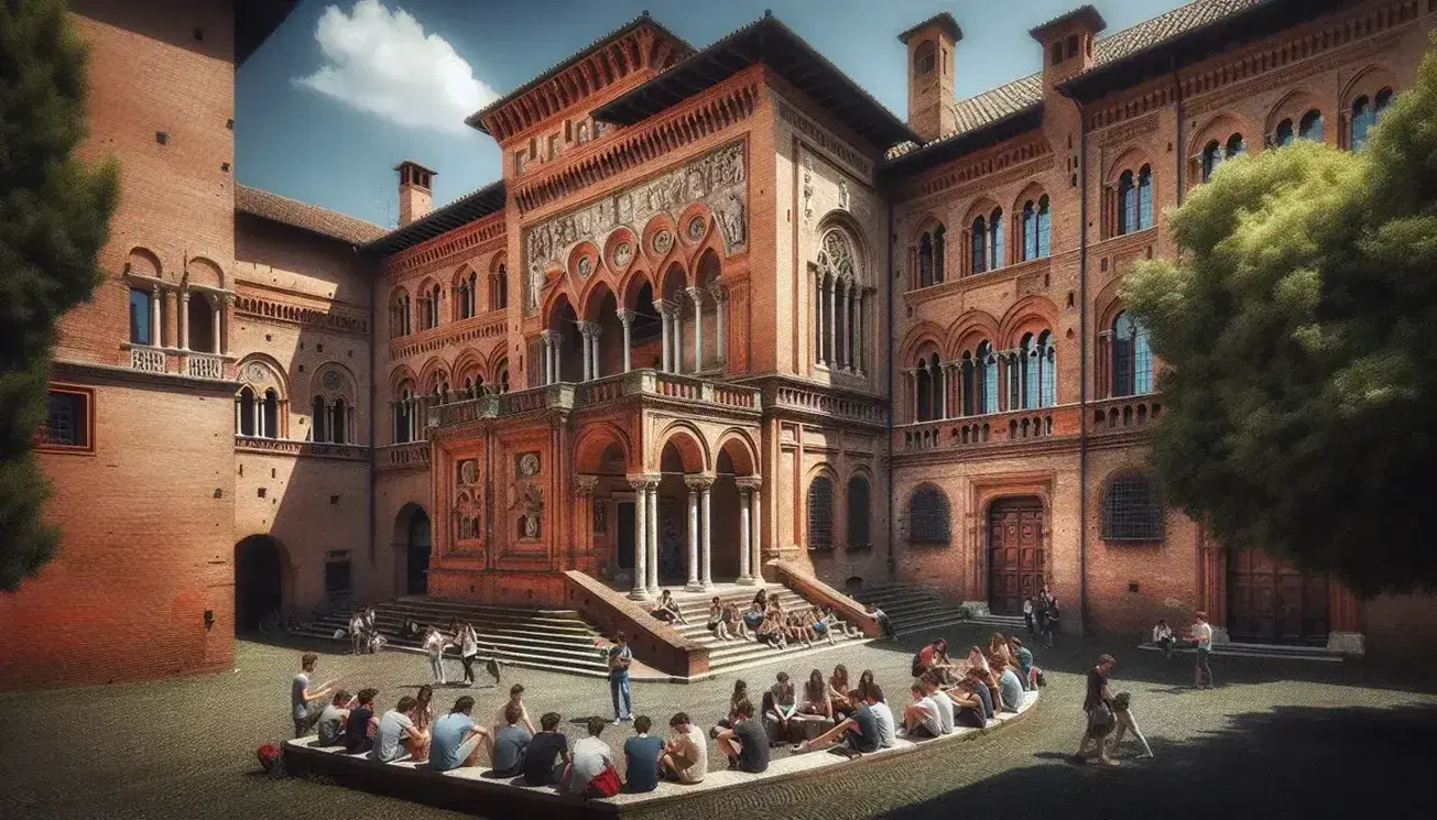 Students mingle in a cobblestone square at the University of Bologna, surrounded by medieval red-brick buildings with arched windows and terracotta roofs.