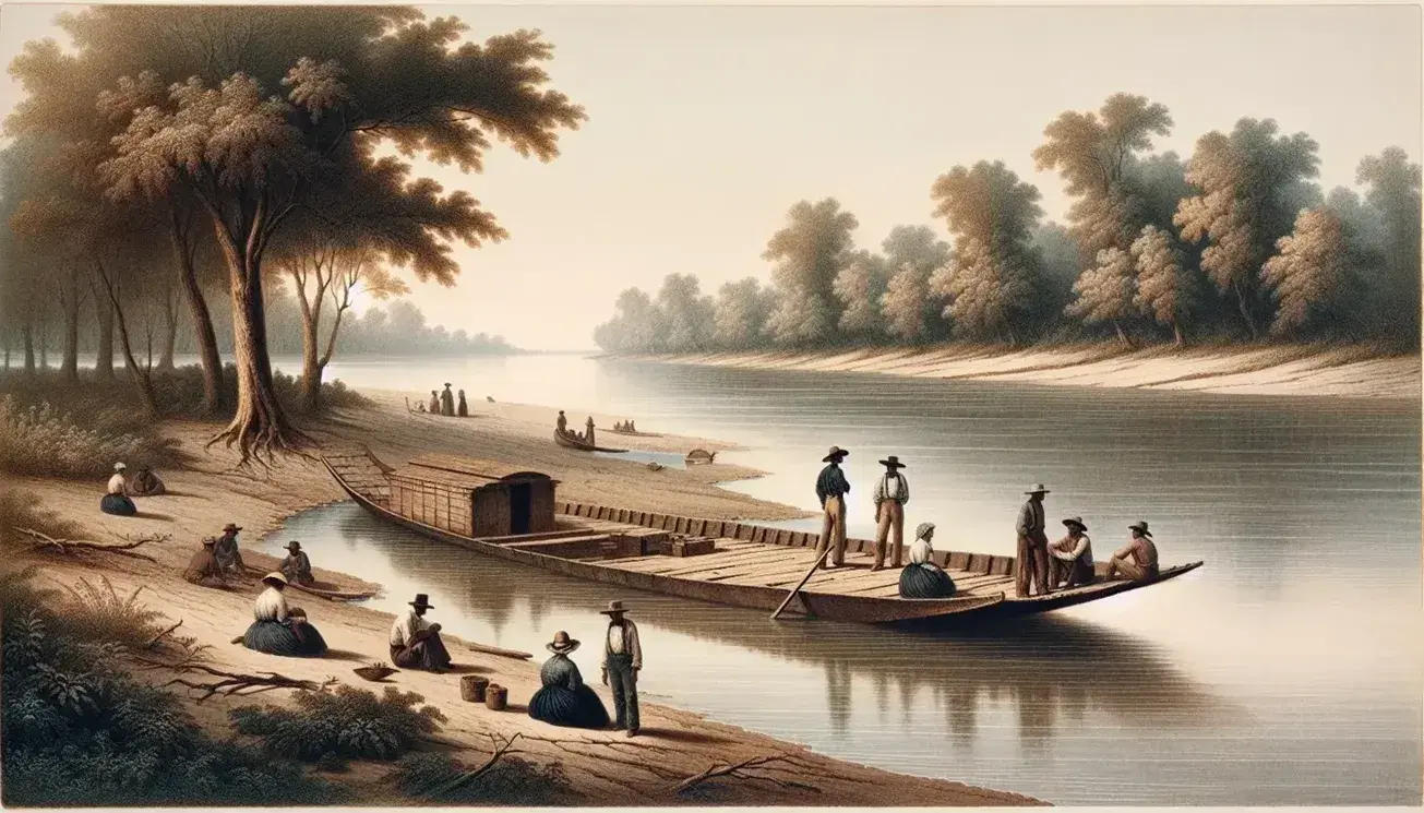 Early 19th-century riverside scene on the Ohio River with a moored flatboat and three people in period attire, under a clear, blue sky.