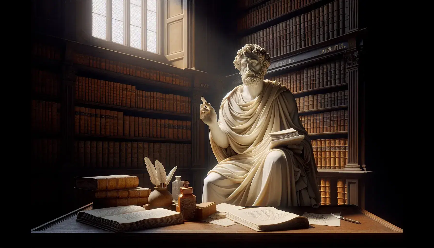 Statua in marmo bianco di filosofo storico seduto con libro aperto e gesto riflessivo, in biblioteca antica con libri e tavolo con penna e inchiostro.