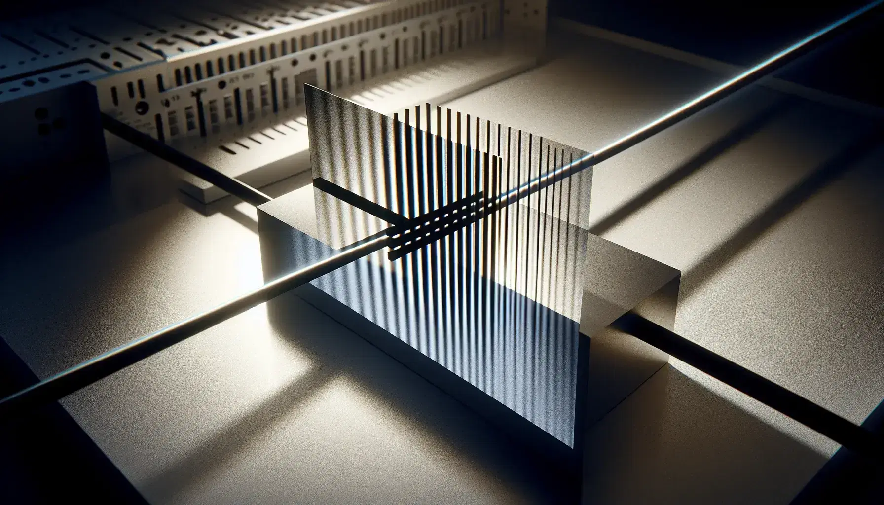 Double slit experiment setup with interference pattern of light and dark bands on screen, showcasing wave-particle duality in physics.