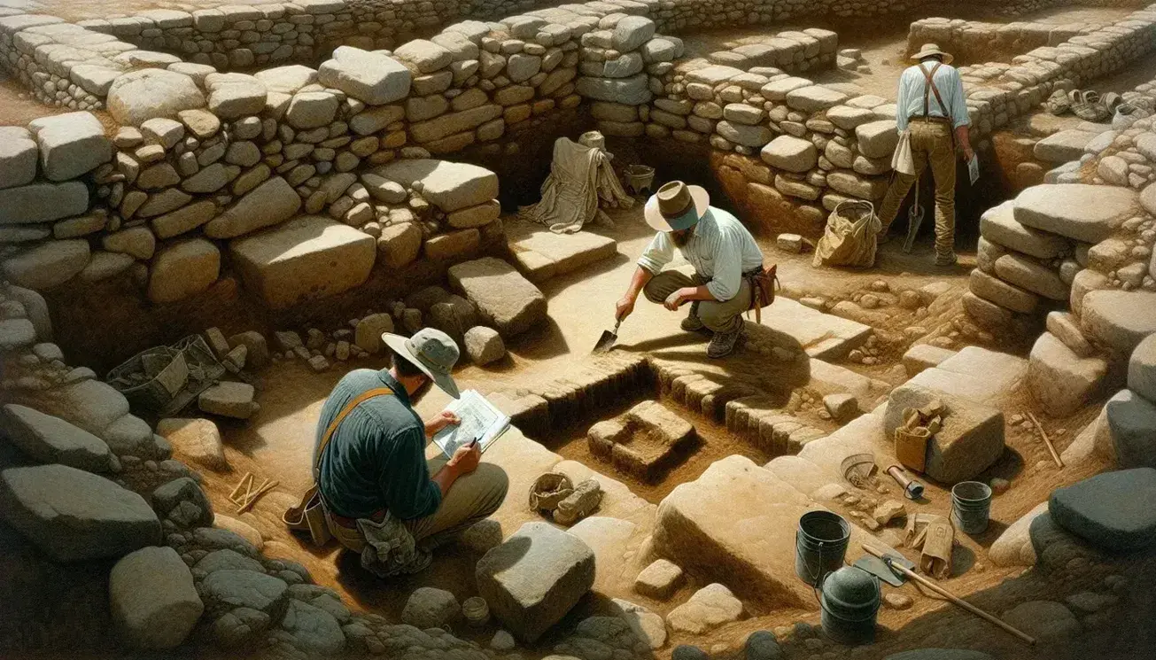Excavación arqueológica en progreso con trabajadores descubriendo estructuras antiguas y tomando notas en un paisaje de colinas suaves.