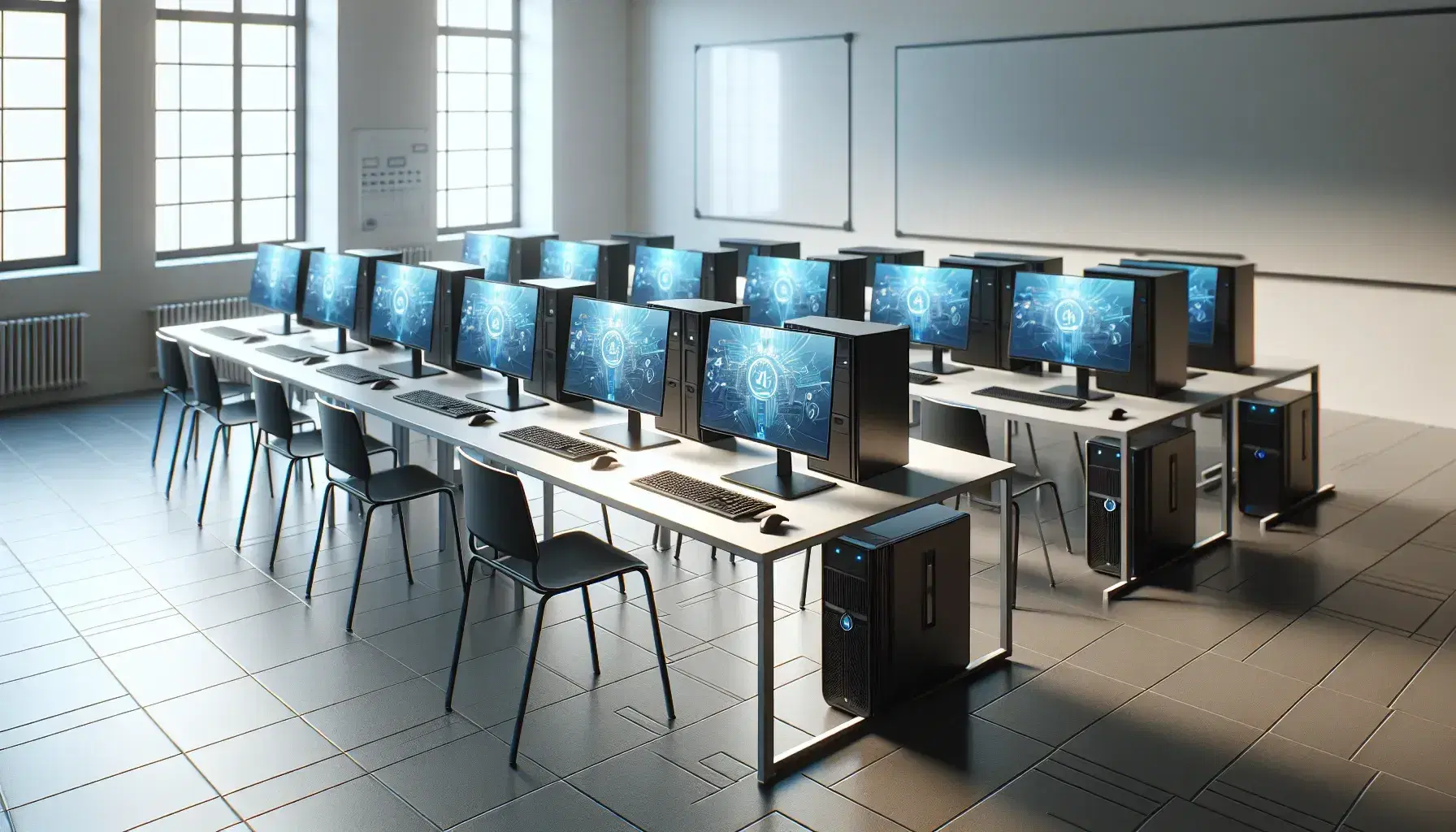 Aula de informática con ordenadores modernos en fila sobre mesa blanca, monitores encendidos con pantallas azules, teclados y ratones a juego, iluminada naturalmente.