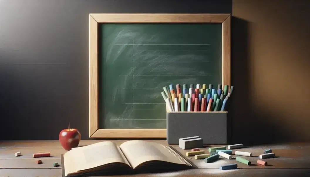 Pizarra verde oscura con tizas de colores y borrador, libro abierto y manzana roja sobre mesa de madera en ambiente con iluminación suave.