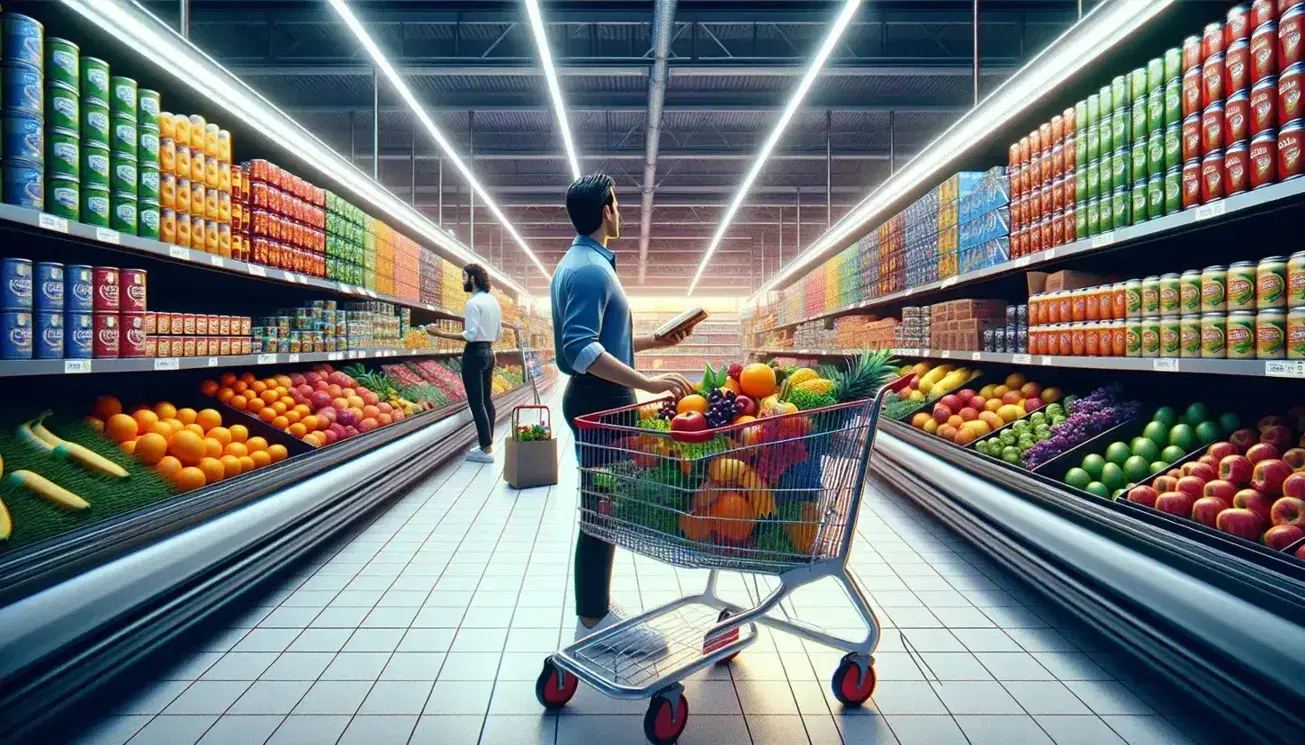 Carro de supermercado lleno de frutas y verduras frescas con clientes seleccionando productos en estantes iluminados, ambiente de compra activo.