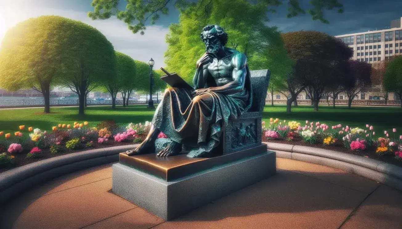 Escultura de bronce de filósofo sentado en banca de parque, con pluma y libro, rodeado de árboles y flores en día despejado.