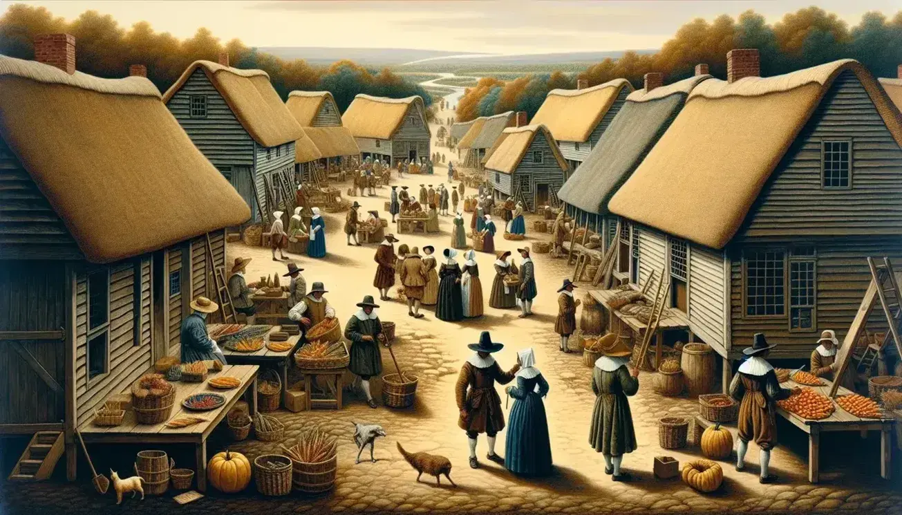 Scena vivace di una colonia inglese nel XVII secolo con coloni in abiti semplici, mercato all'aperto e case di legno su strada sterrata.