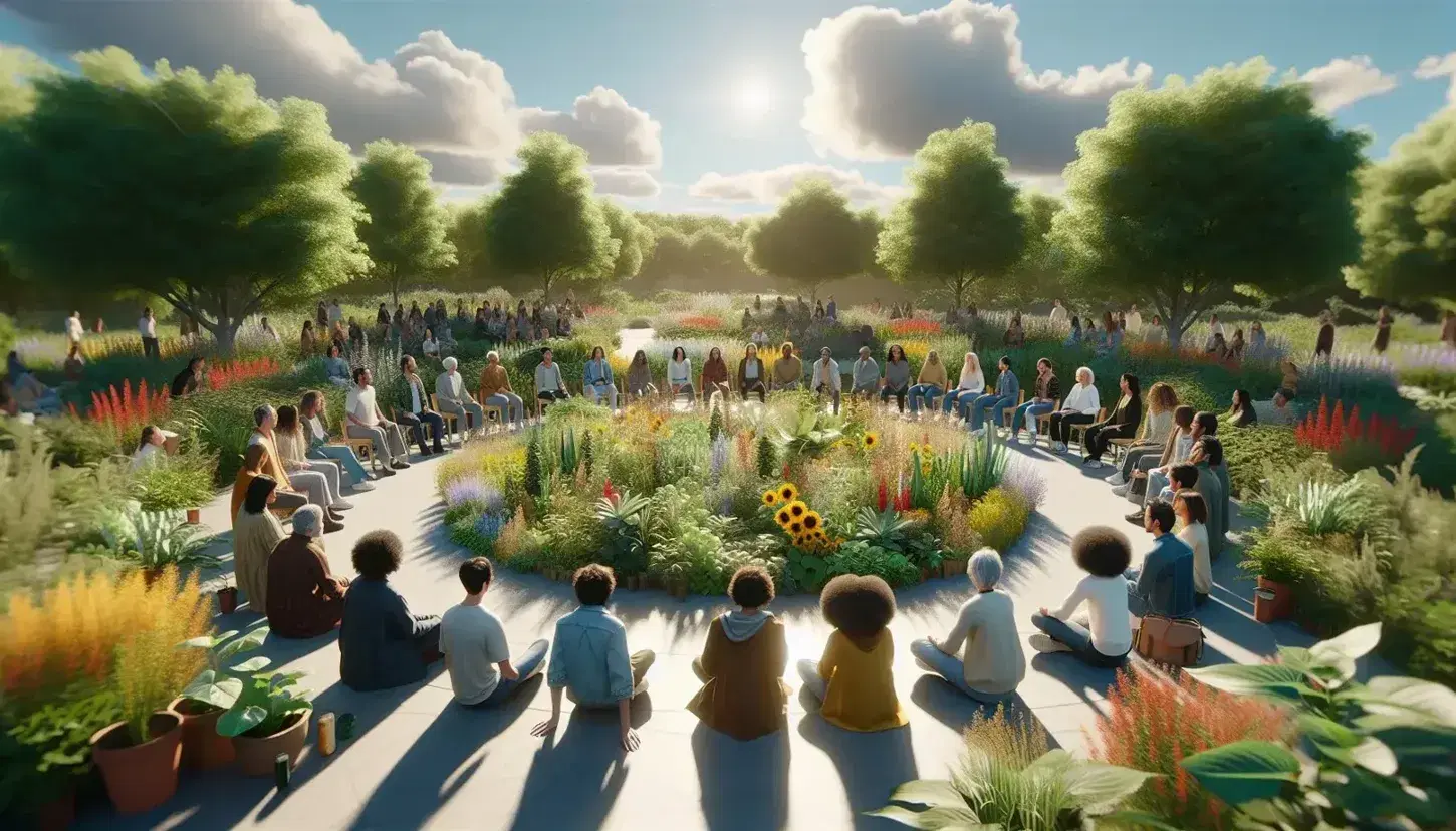 Grupo diverso de personas sentadas en círculo en un parque, conversando relajadamente entre plantas y flores, bajo árboles y un cielo azul.
