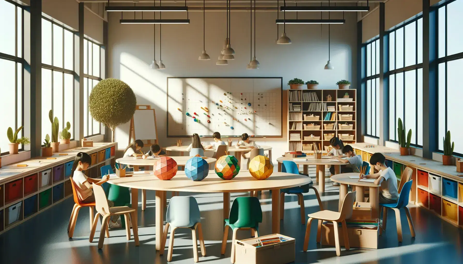 Aula luminosa con mesa redonda y sillas de colores ocupadas por estudiantes enfocados en tareas con cuadernos y figuras geométricas, junto a pizarra blanca y estantería con libros.