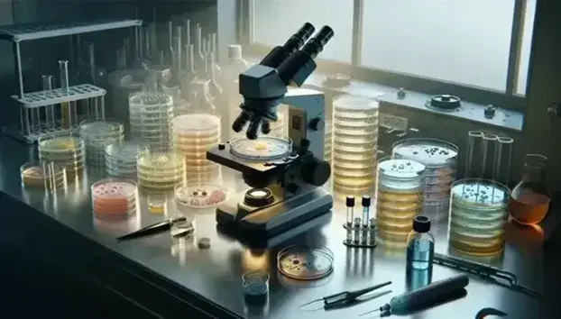 Laboratory with black and silver microscope ready to analyze cell cultures on colored petri dishes, pipette with blue liquid and open centrifuge.