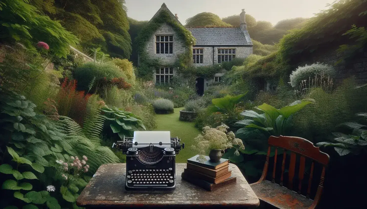 Vintage typewriter on a weathered wooden table set against a lush garden with vibrant greenery and a stone country house in the background.
