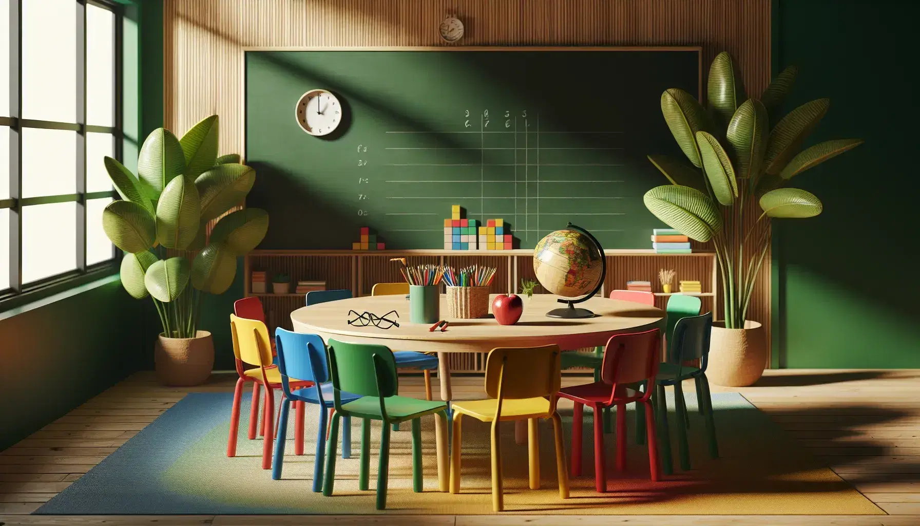 Aula luminosa con tavolo rotondo e sedie colorate, oggetti didattici sul tavolo, lavagna verde e piante ai lati, finestra grande a destra.