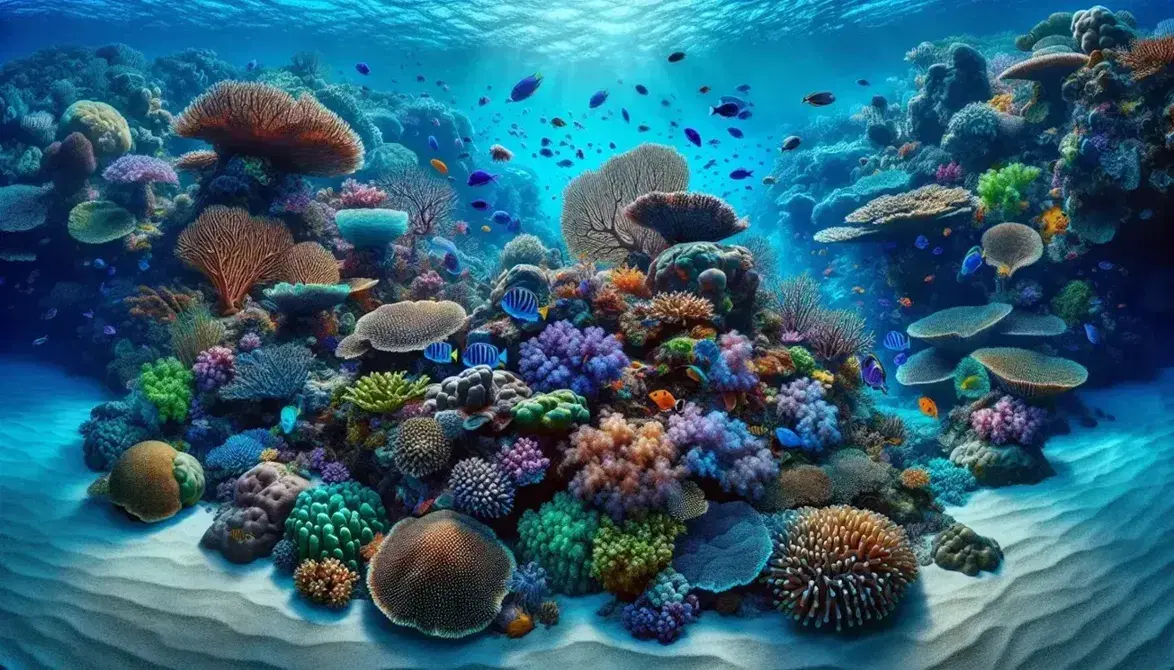 Vibrant underwater scene of a coral reef ecosystem with colorful corals, tropical fish, sea turtles and sunlight.