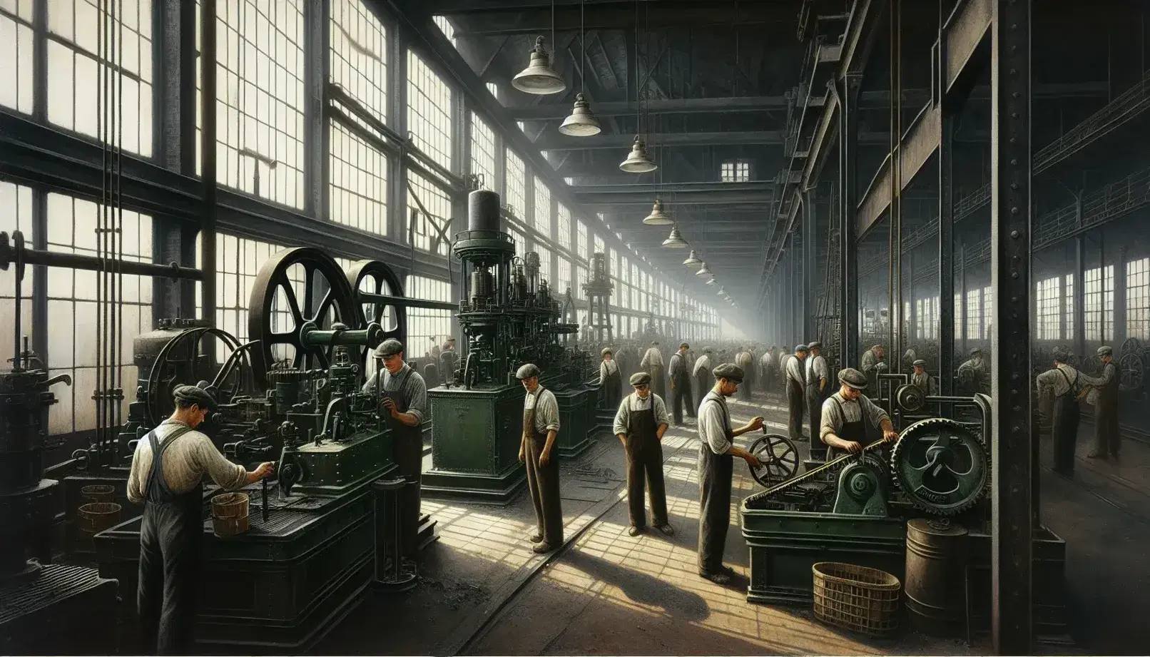 Interior of an early 20th century factory with workers in overalls working on green machinery, natural lights from windows and steel beams.