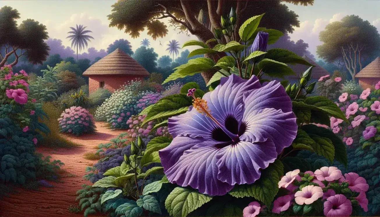Vibrant purple hibiscus with yellow stamen, lush greenery, traditional Nigerian compound, and colorful bird in a serene garden setting.