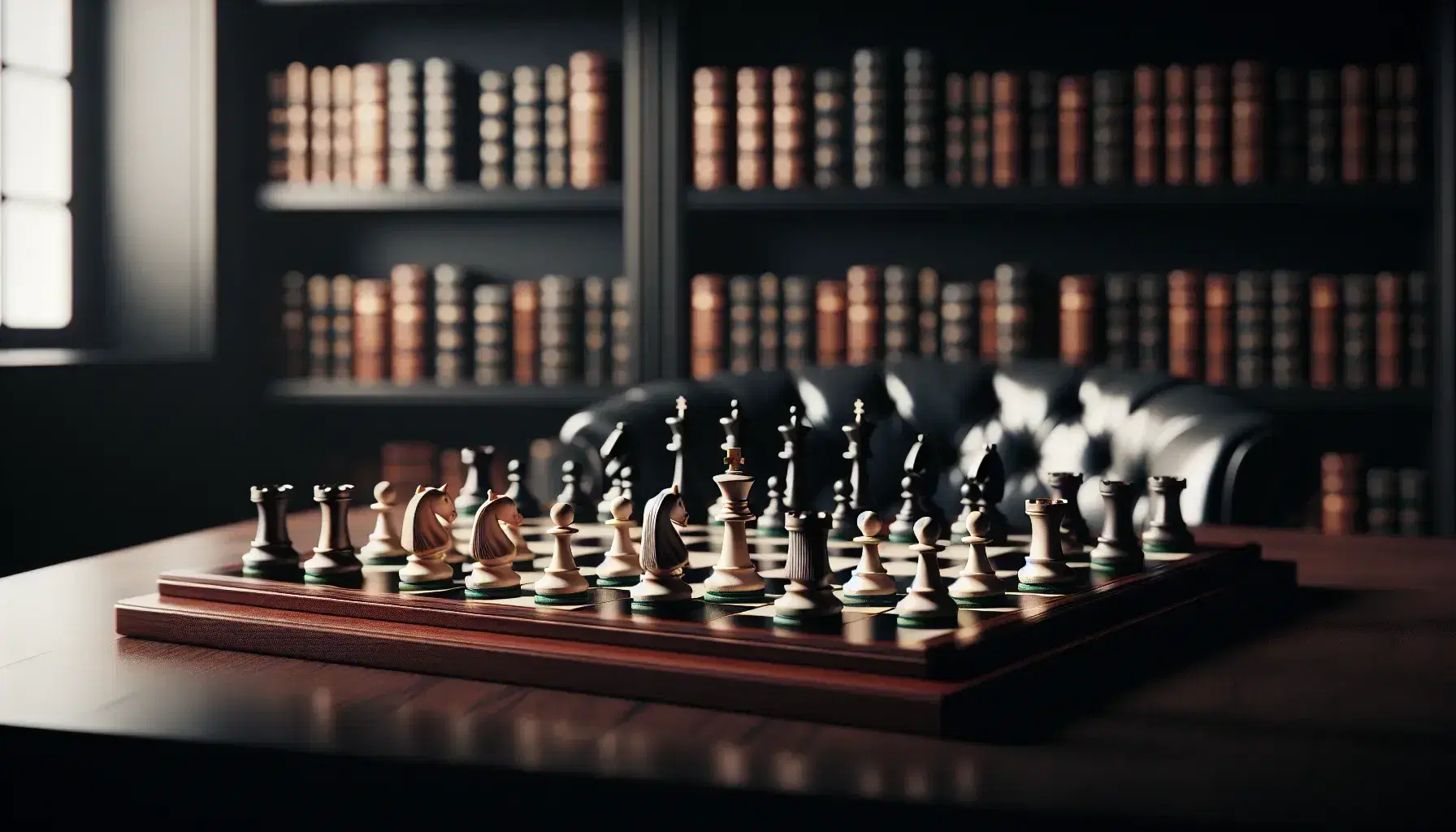 Scacchiera pronta per il gioco con pezzi bianchi e neri su tavolo in legno scuro, sfondo sfocato con libreria.
