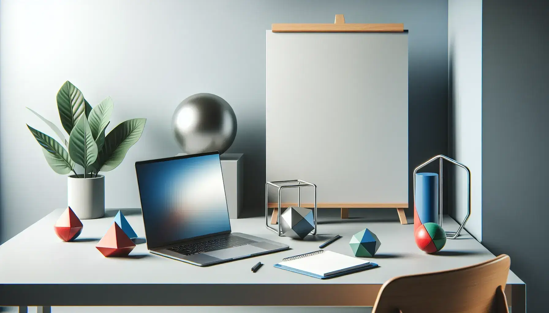 Modern and tidy desk with silver laptop, blank white slate, blue notepad, colorful geometric shapes and green plant in terracotta pot.