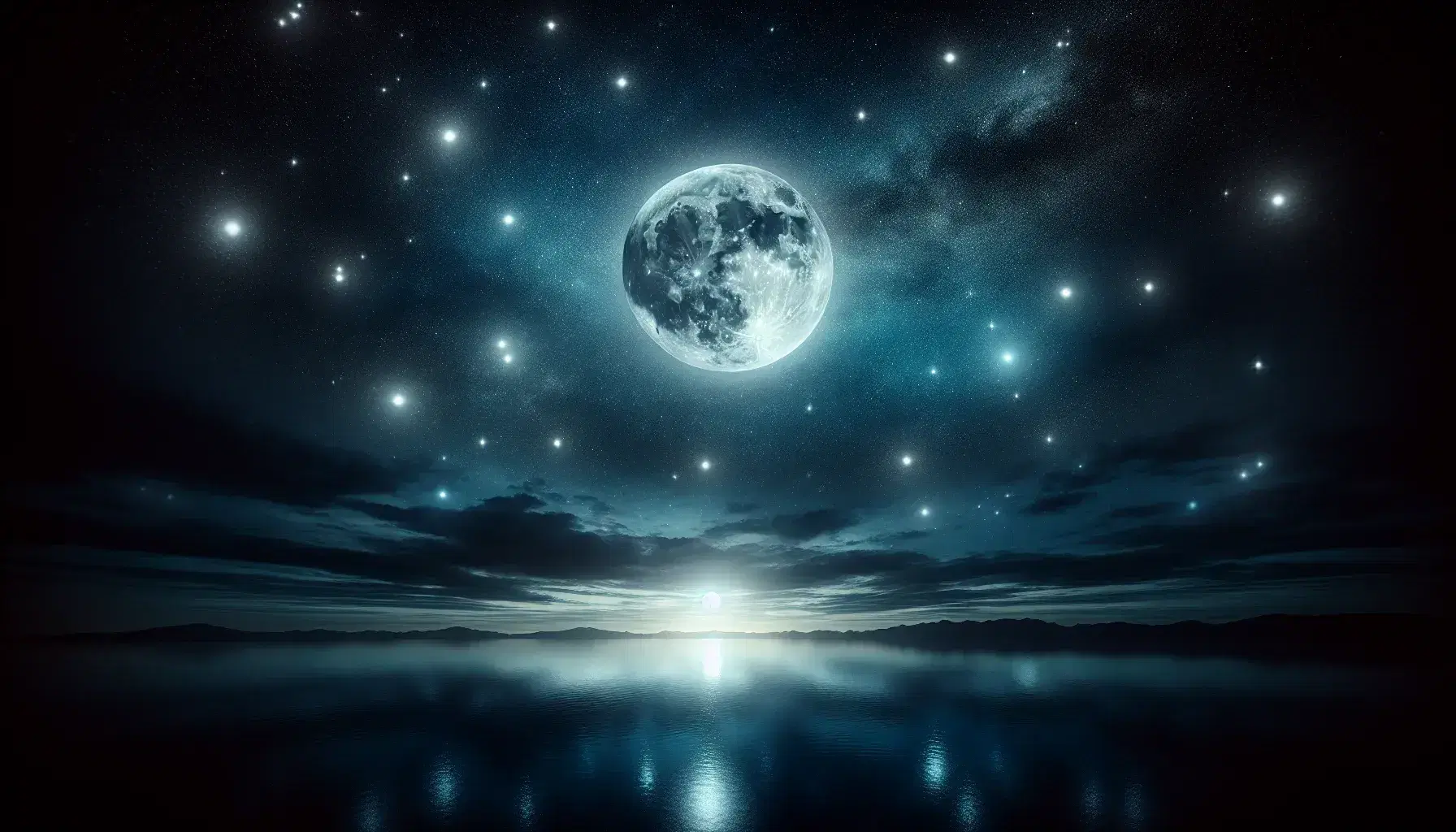 Cielo nocturno estrellado con luna llena brillante y reflejo en un cuerpo de agua tranquilo, sin nubes y horizonte oscuro.