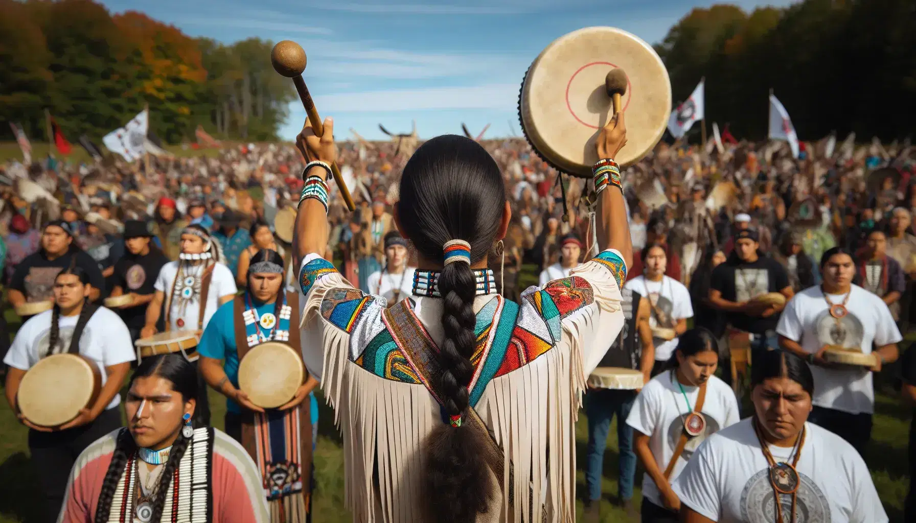 Native American activists in traditional attire peacefully protest with drums and painted faces in a sunlit summer field.