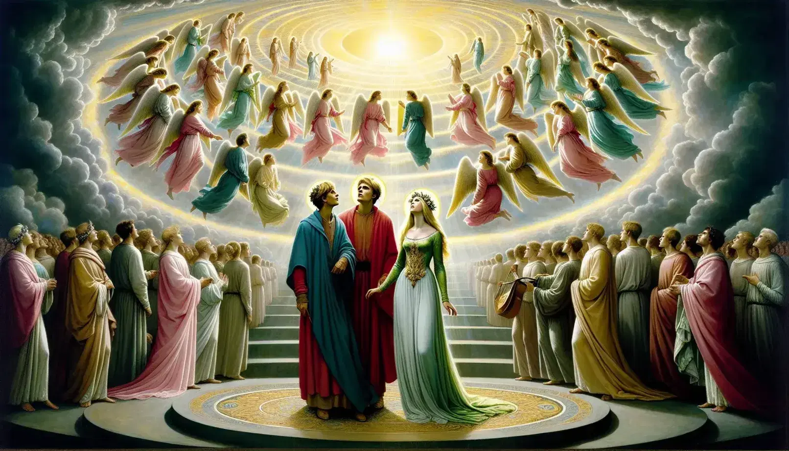 Dante in rosso e Beatrice in verde osservano angeli e santi in cerchi concentrici irraggiati da luce divina nel Paradiso dantesco.