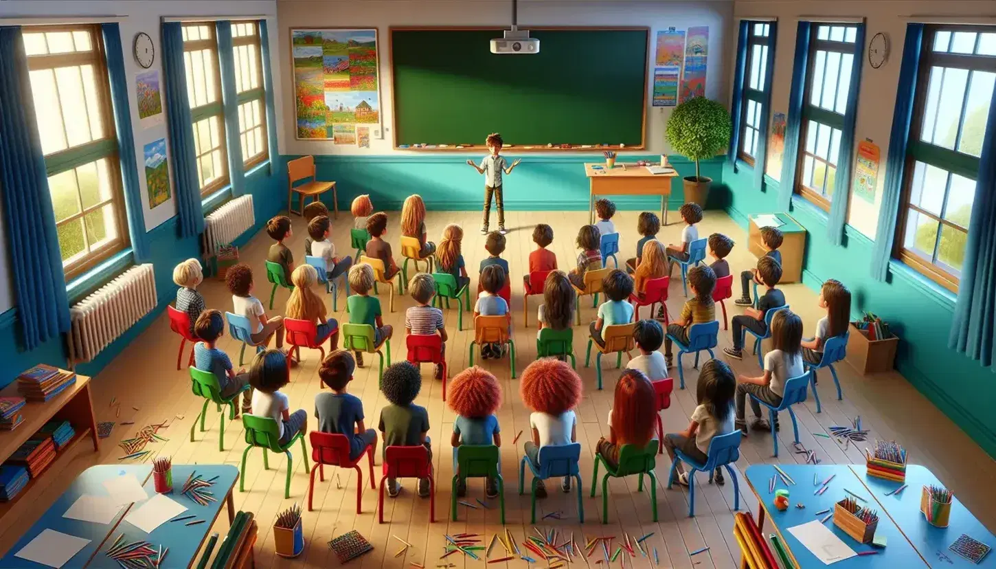 Aula scolastica colorata con studenti seduti in cerchio su sedie multicolori, ascoltano un compagno che gesticola, pavimento con fogli e matite colorate.