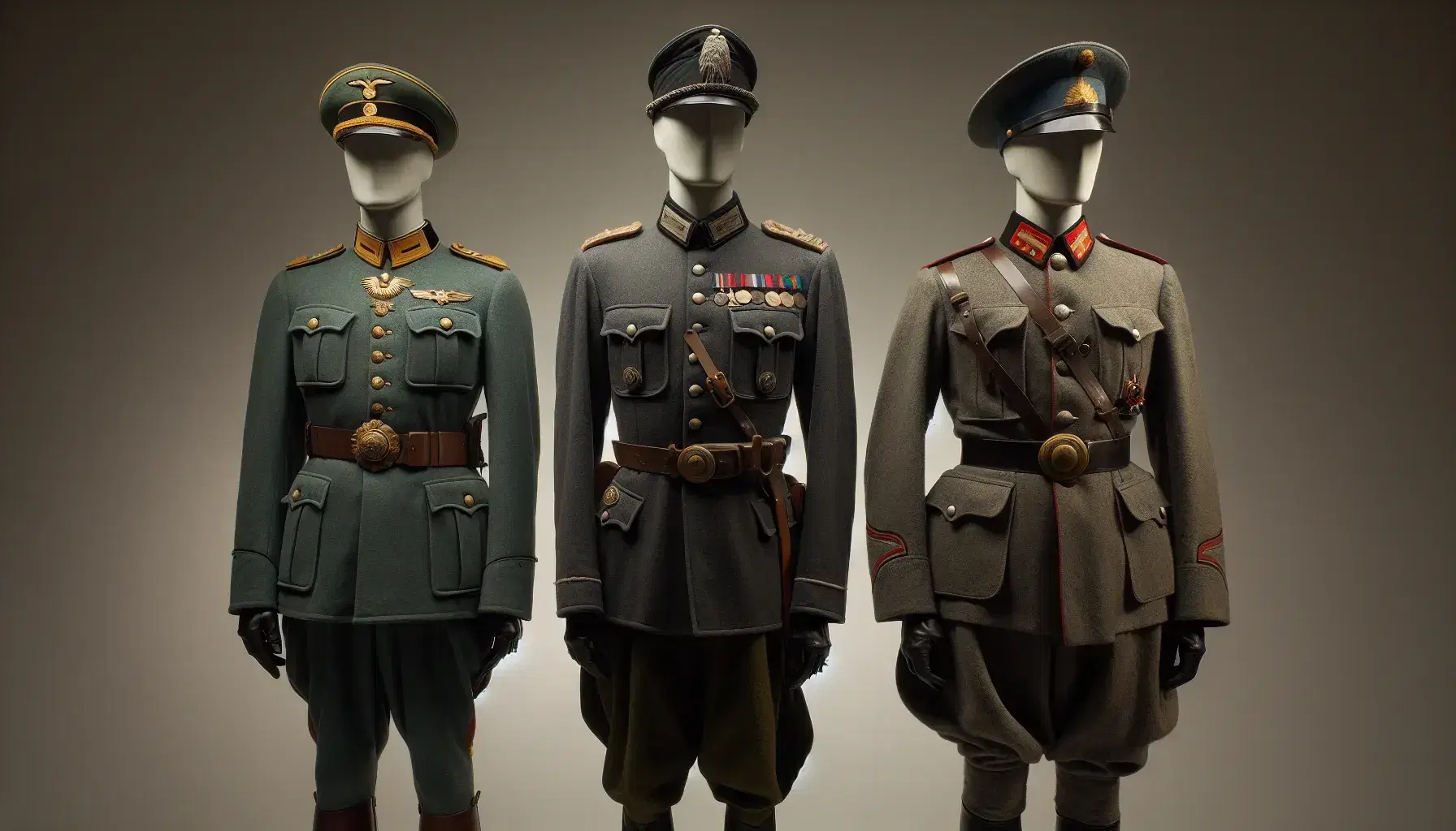 Manichini in uniformi militari storiche della Triplice Alleanza: Germania, Austria-Ungheria e Italia, con dettagli distintivi e autentici.