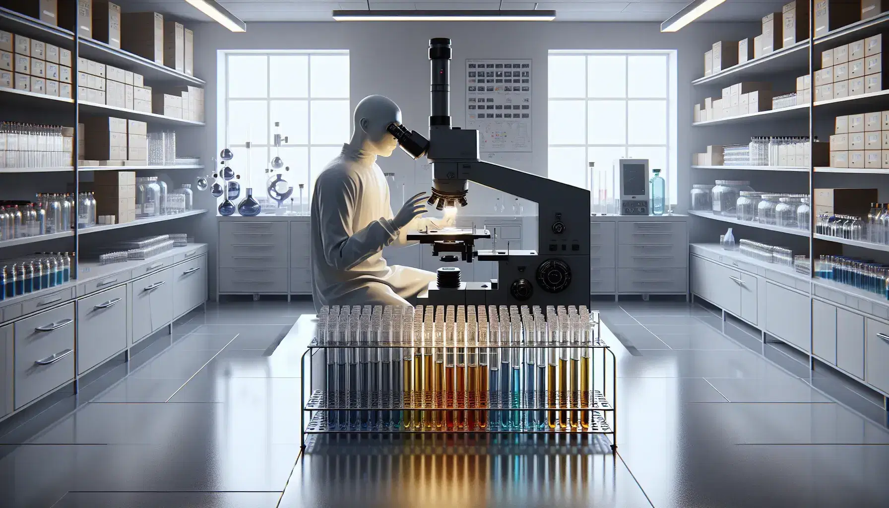 Laboratorio scientifico illuminato con microscopio elettronico grigio, provette colorate su supporto e figura umana in camice che esamina un campione.
