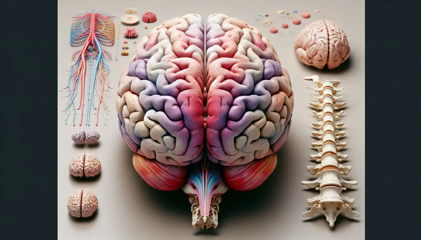 Cervello umano dettagliato con emisferi, tronco cerebrale e nervo sciatico, colonna vertebrale e cuore con arterie su sfondo neutro.