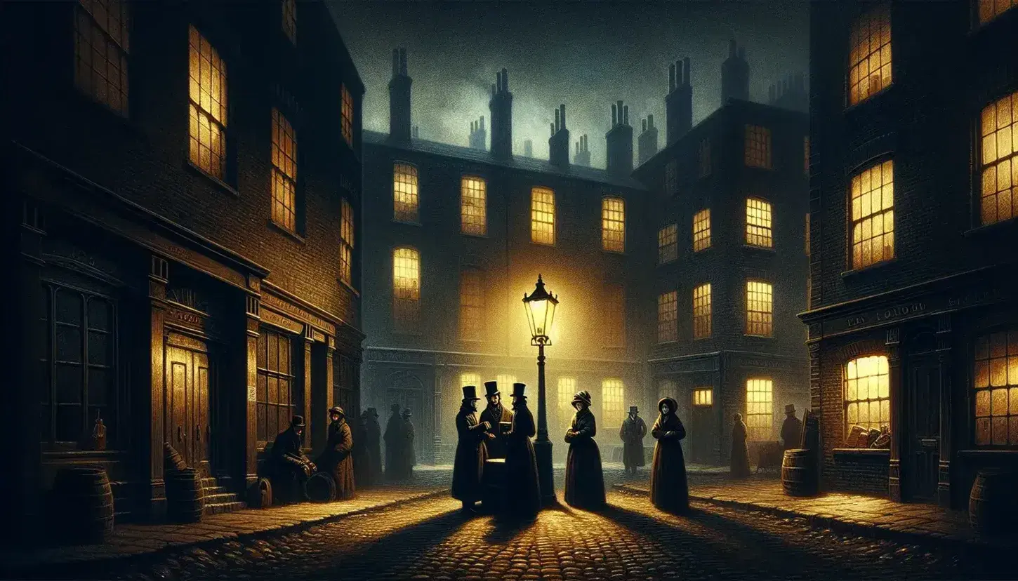 Dimly lit cobblestone street with gas lamps, brick buildings, and three people in period clothing engaged in conversation during the Industrial Revolution.