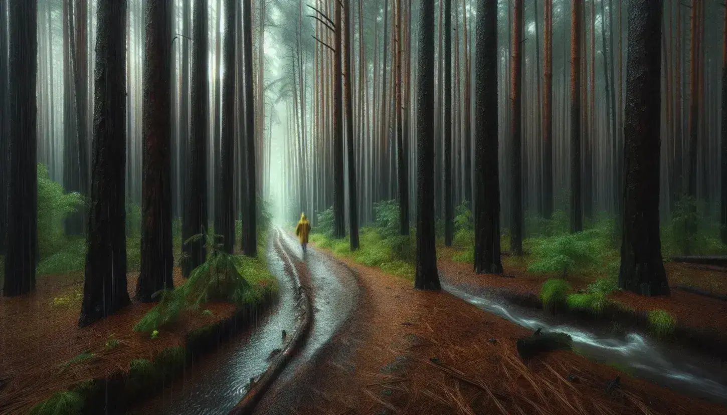 Sentiero umido serpeggia in una foresta di pini durante una pioggia leggera, figura con impermeabile giallo cammina tra alberi e nebbia.
